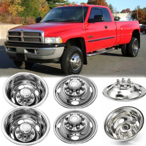 Image of 4pc 16 inch Anti Rust Wheel Simulators Compatible with Ford F450 1988-1998 w /Tool Kit C16D10, 10 Lug Polished Stainless Steel Dually Bolt On Cover Hubcaps C16D10