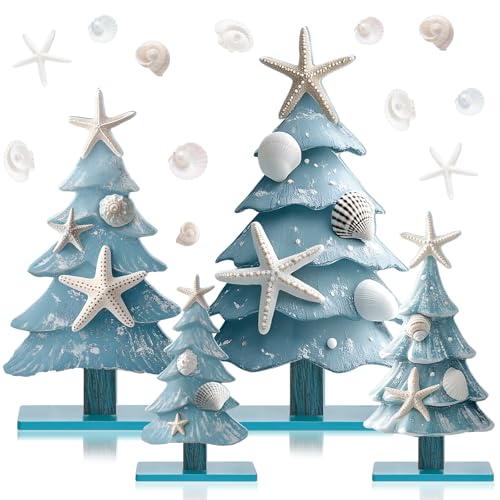 Barydat 4 Pcs Blue Coastal Summer Table Decorations Wooden Ocean Themed Tree Centerpieces Table Decoration for Summer Party Home Indoor Home Kitchen Office Room Decor