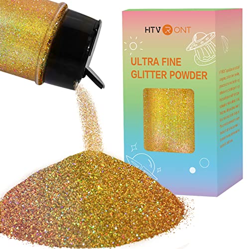 HTVRONT Holographic Fine Gold Glitter Powder - 50 g Extra Fine Glitter Powder 1.76 oz Double-Duty Cap Resin Glitter for Nails Candle Making Crafts