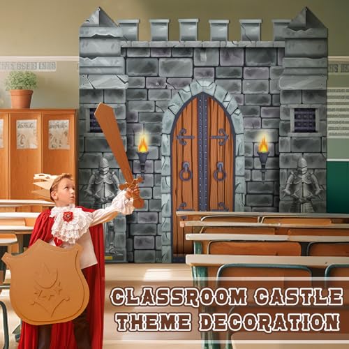 Image of VitalCozy 4 Pcs Castle Decorations 6.5 x 3 ft Medieval Party Castle Backdrop Door Medieval Door Covers Themed Party Supplies Wall Halloween Decor Entrance Decoration