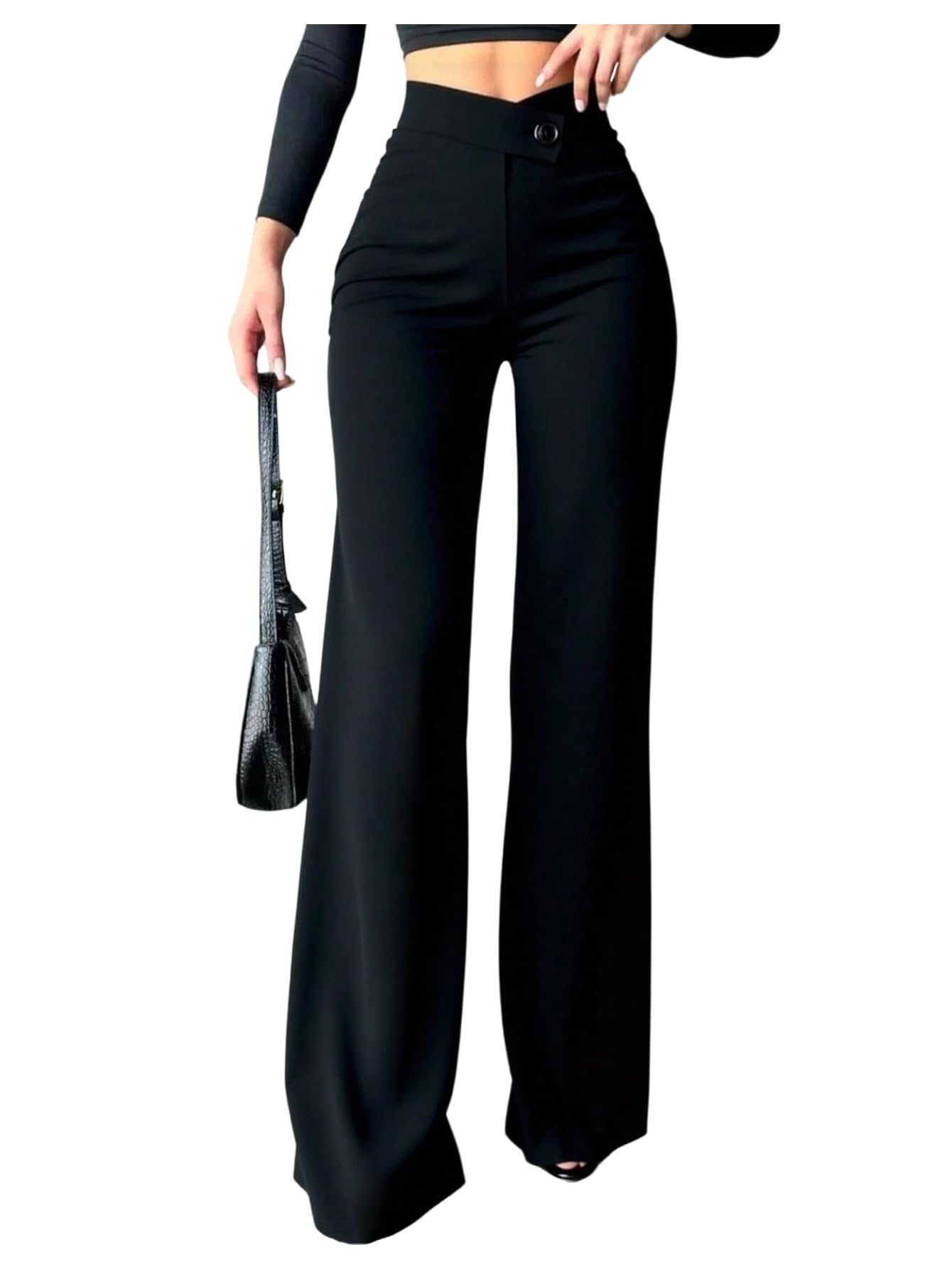 Womens Crossover High Waisted Dress Pants Elegant Straight Leg Business Casual Trousers
