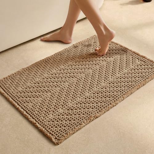 Sunfly Boho Bathroom Rug Herringbone Waffle Bath Mat Non-Slip Washable Super Absorbent Quick Dry Farmhouse Bath Mat for Bathroom Floor Decor 20*30 Khaki
