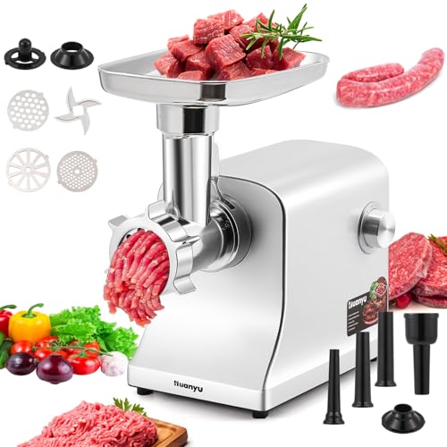 Huanyu Meat Grinder Electric 2800W Max Meat Mincer with Stainless Steel 2 Blades&3 Plates, 3 Sausage Stuffers, Kubbe Kits Heavy Duty Food Grinding Machine for Home Kitchen & Commercial Using