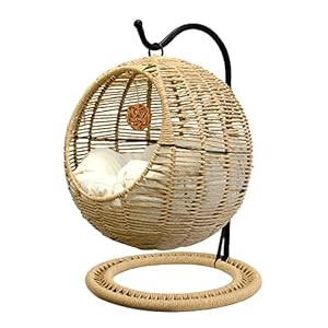 Wicker Cat Bed Indoors & Outdoors, Hand Made Cat Swing Bed with Removable Cushion & Hanging Ball, Washable Pet Swing for Cat, Small Dog, Small Animals