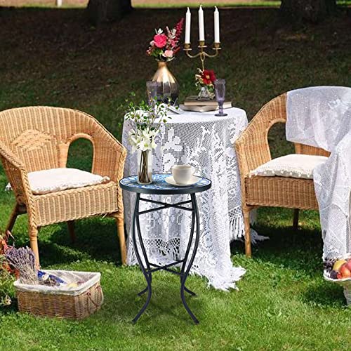 Katrawu Patio Side Table Outdoor Mosaic Table/Round Coffee Side Accent Table, Plant End Table With Ceramic Tile Top For Garden Patio Living Room Garden 14 Inch(Elegan) #TOP4