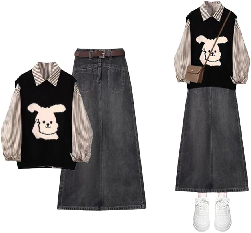 [JBWUBQ] レディース 3点セットしまの長袖シャツ編み物ベスト＆ロングスカート 上下セット セット 可愛い 長袖 春秋服 冬服