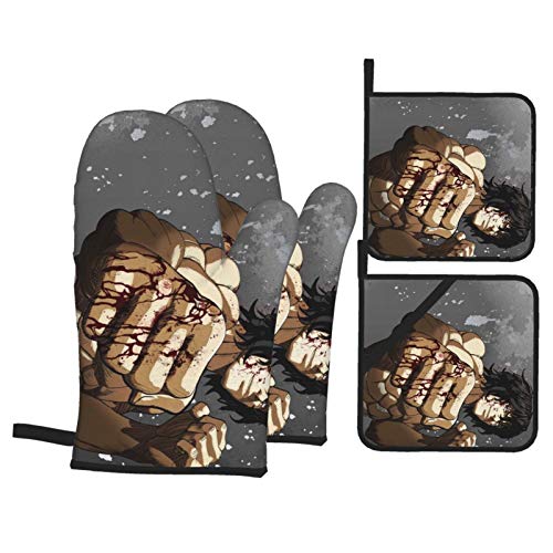 ケンガンアシュラ (1) 4ピースオーブンポットホルダー耐熱オーブンミットキッチンタオルベーキング調理バーベキューベージュ 2つの断熱手袋と2つの鍋カバーパッド