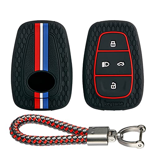 Image of keyzone Striped silicone key cover and keychain compatible forPunch.EV,Altroz,Nexon.EV,Punch,Tigor.EV,New Safari,Tiago.Ev,Nexon,Harrier,Tiago,Tigor 4 Button Smart Key(Black with R /B LT KH)