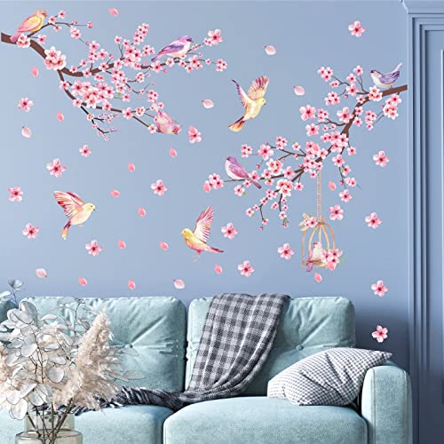 Cherry Blossom Wall Stickers Pink Flower Tree Branch Wall Decals for Girls Bedroom Living Room Spring Floral Birds Wall Art Mural Peel and Stick for Kitchen Nursery TV Background Wall Decoration - Image 2