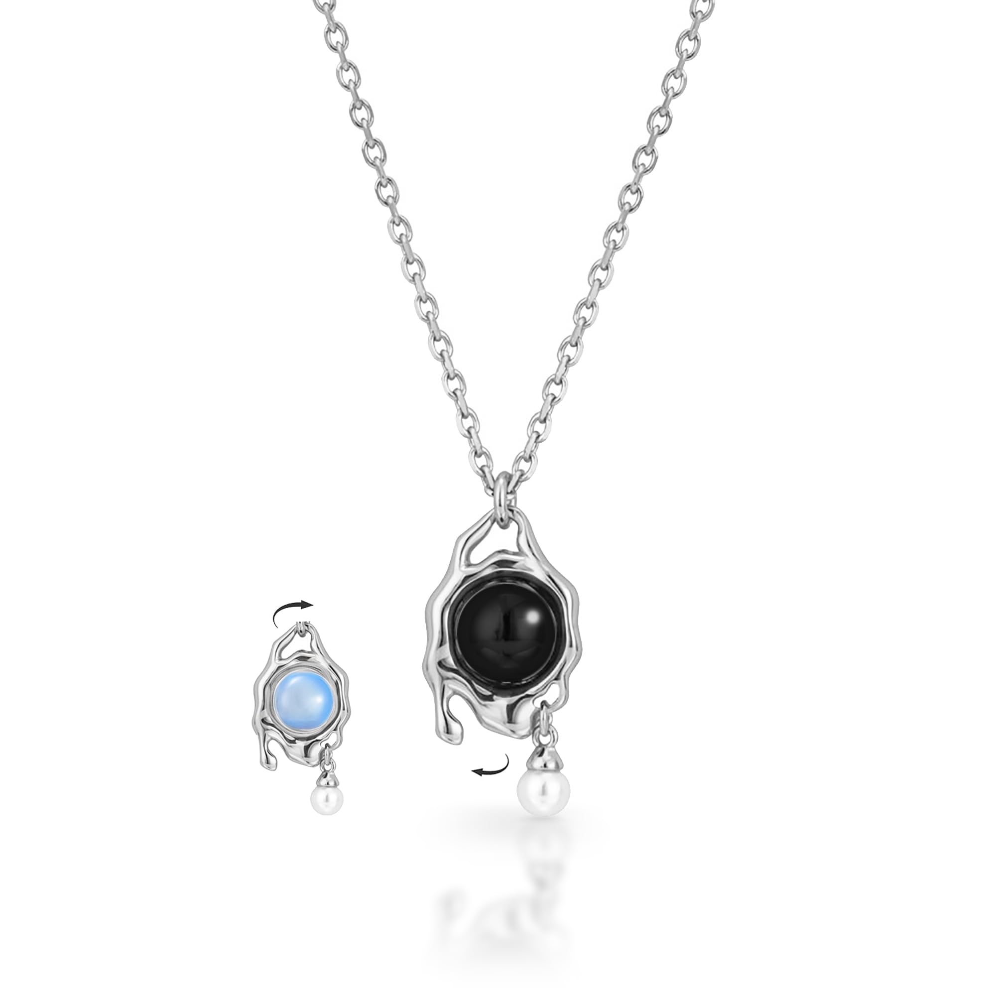 N9NEMUSES18K Gold Blue Opal and Black Onyx Reversible Necklace with Dainty Pearl Charm, 2-Sided Multi-wear Design Pendant Necklace for Women