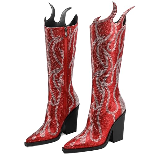 YIYA Women's Rhinestone Flame Pattern Knee High Boots Pointed Toe Chunky High Heel Fashion Side Zipper Sparkly Boots3
