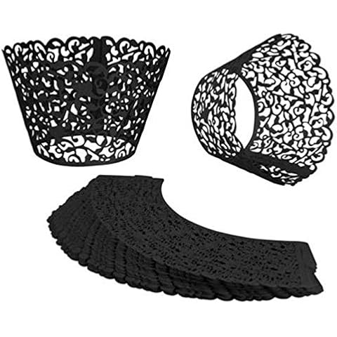 50 Pcs Rose Lace Cupcake Wrappers Holders Lace Filigree Wedding Cupcake Wrapper Baking Cake Cups Wraps for Wedding Party Birthday Cake Decoration Supplies(Black) Cover