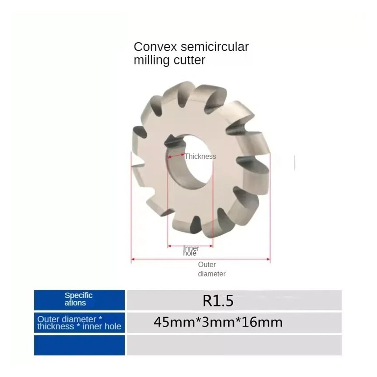 Fresa de arco convexo cóncavo HSS, cortador de formación semicircular(R1.5 45X3)