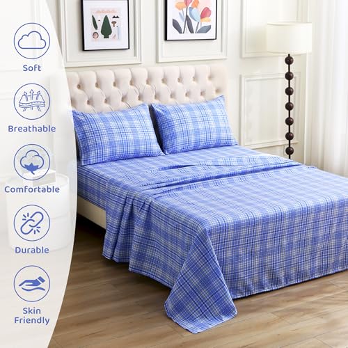 Image of Mooreeke Cozy Plaid Microfiber Printed Queen Sheet Set - Soft & Breathable Purple Yellow Plaid Bed Sheets with Extra Deep Pocket - Non-Slip Fitted Design - Purple Yellow Square Plaid Pattern - Queen