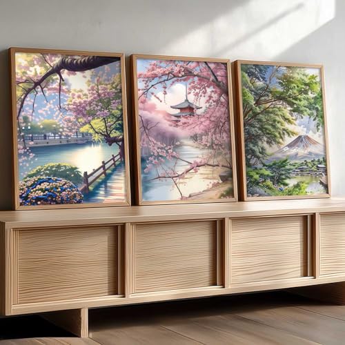 Image of kotart Big Aesthetic Japanese Nature Art View Framed Poster | Mount Fuji Wall Framed Posters for Living Room Bedroom Wall Decor Set Of 3 (19X25 inch)