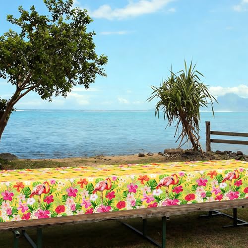 Image of QZYL 6 PCS Luau Tablecloths, 54 x 108 Inches Hawaiian Table Cloths, Disposable Luau Party Supplies Tropical Decorations with Flamingo Palm Leaves, Aloha Party Decorations Summer Decor for Tiki Bar