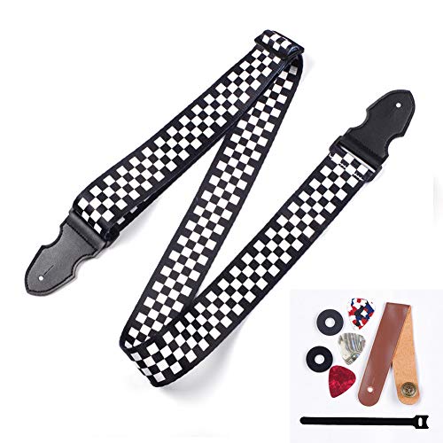 Guitar Strap Black White Plaid Pattern Electric Guitar Acoustic Guitar Folk Guitar Bass Strap Black and white lattice