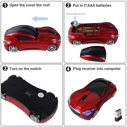 Image of elec Space Wireless Mini Mouse with Case - Cute Sports Car Shape, Lightweight & Portable, 10m Range, Plug and Play (Red)