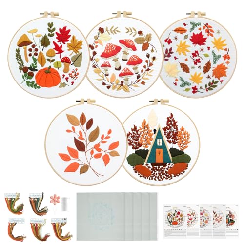 5 Sets Fall Embroidery Kit for Beginners Adults Embroidery Starte...