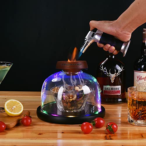 Creativechef Cocktail Smoker Kit For Glass Dome 7.1" X 4.5“ With Color Led Wooden Base，Cocktails Smoke Infuser Accessory，Smoking Cloche For Drinks #TOP4