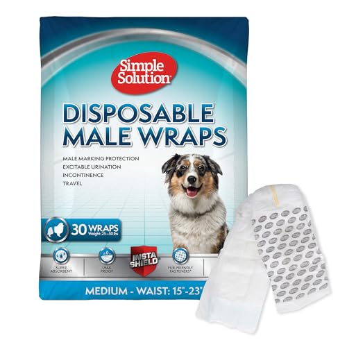 Image of Simple Solution Male Dog Diapers, Disposable Belly Bands, M, 30 Count | Dog Belly Bands, Potty Training, Incontinence Support, Leak Proof, Disposable Wraps, Male Dog Wrap, 15 inch-23 inch, Indoor Marking