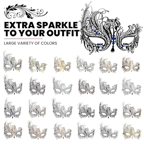 Image of Metal Filigree Masquerade Mask for Women - Swan Style Mask with Rhinestones for Mardi Gras, Prom, Halloween & Venetian Party