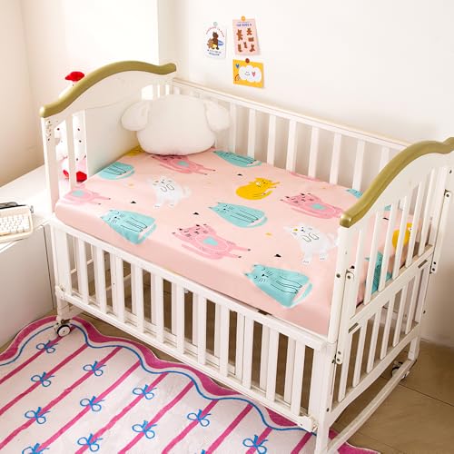 Image of Cute Cats Printed Crib Sheet for Boys Girls,2 Pack Crib Mattress Sheet or Toddler Bed Sheet, Baby Fitted Crib Sheet (Pink Cats)