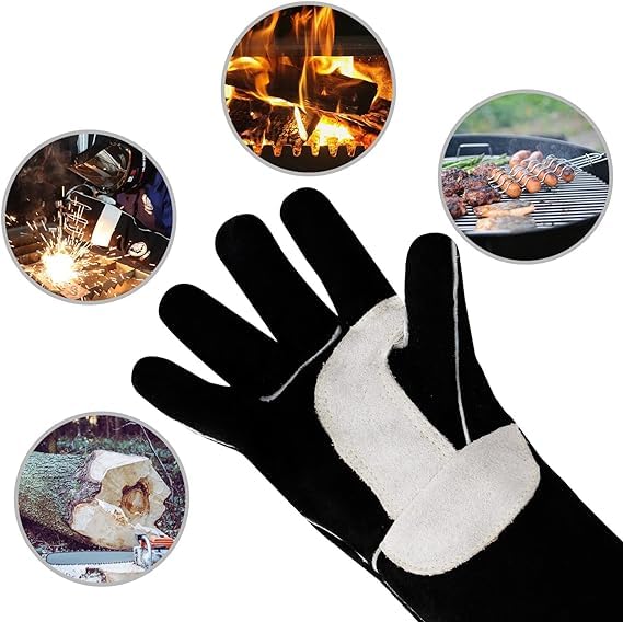 YESWELDER Guantes de Cuero para Soldadura MIG, Resistentes al Calor y al Fuego, Negros, también Perfectos para Parrilla/BBQ/Fogón de Leña/Horno/Cortando Fuego