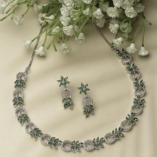 Rhodium-Plated Diamond Leaf Necklace Set