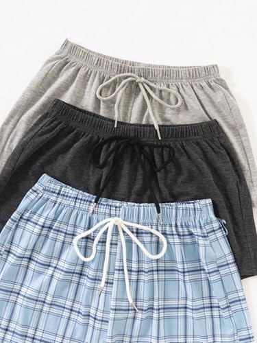 Image of WDIRARA Women's 3 Pack Plaid Letter Graphic Pajama Shorts Lounge Shorts | Elastic Waist ,Comfortable,Home Living,Sleepwear