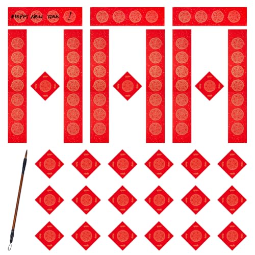 SUPERFINDINGS 15 juegos de papel rojo de arroz chino en blanco, 40 piezas, papel cuadrado rojo Xuan con pincel de caligrafía china y pluma para decoraciones de festivales de primavera