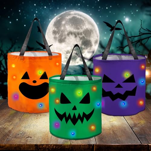 Atusztas 3 Pcs Halloween Candy Bags with LED Lights, Treating Bag...