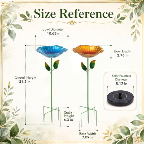 Image of SiliFine 2 Pack Solar Bird Bath Fountain for Outdoors, Flower Metal Hummingbird Bath with Solar Fountain, Garden Bird Baths with 5 Stake Stand for Yard Lawn Patio Decor, 31.3 inch H x 10.63 inch Dia