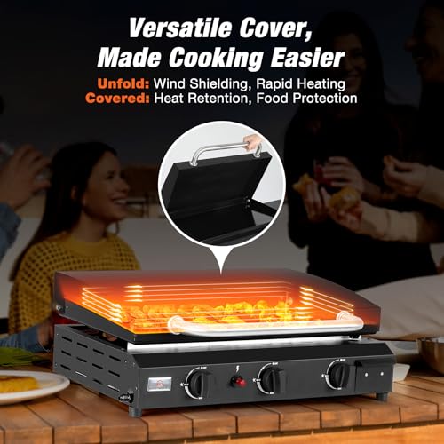 WARMOUNTS 3 Burner Propane Gas Grill, Portable Flat Top Grill with Lid, Wheels and Side Shelves, 24,600 BTU Output, Stainless Steel BBQ Grill Griddle Combo for Outdoor Cooking, Patio and Camping