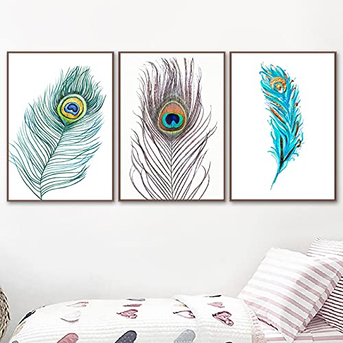 Toile plumes de paon 70x100cm triptyque moderne sans cadre pour salon