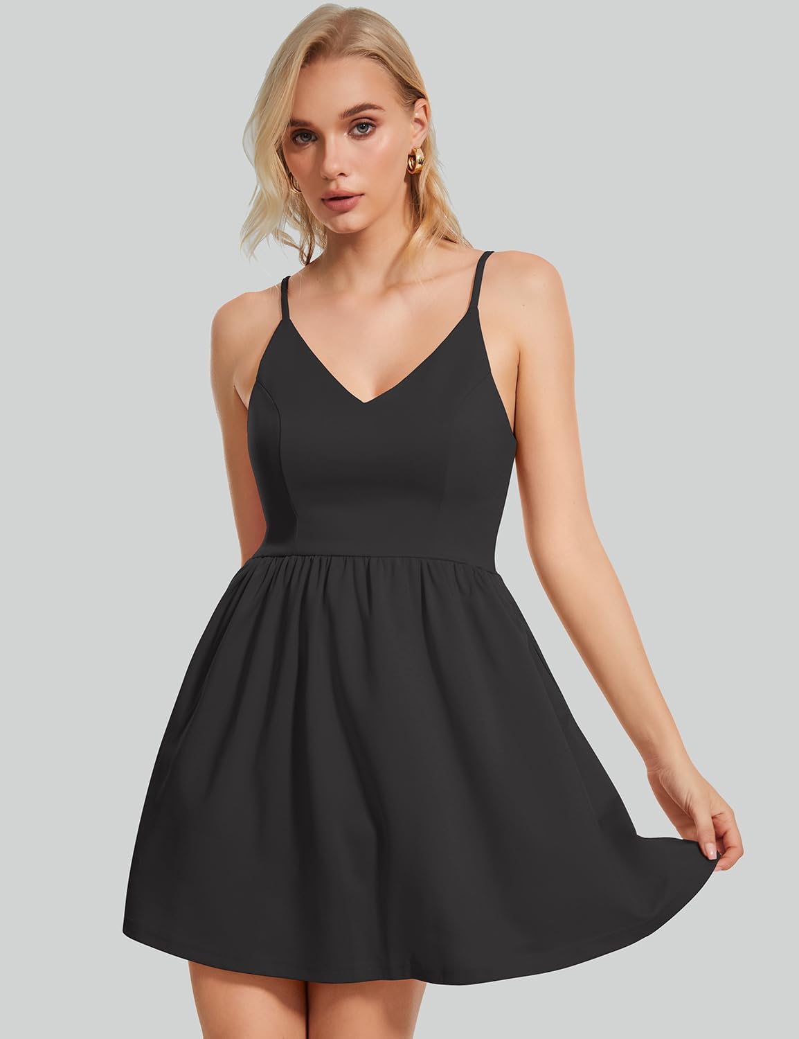 ROYLAMP Women's Casual Spaghetti Strap Dresses Elegant V-Neck A-line Swing Petite Tiered Short Mini Dress with Pockets - Image 3