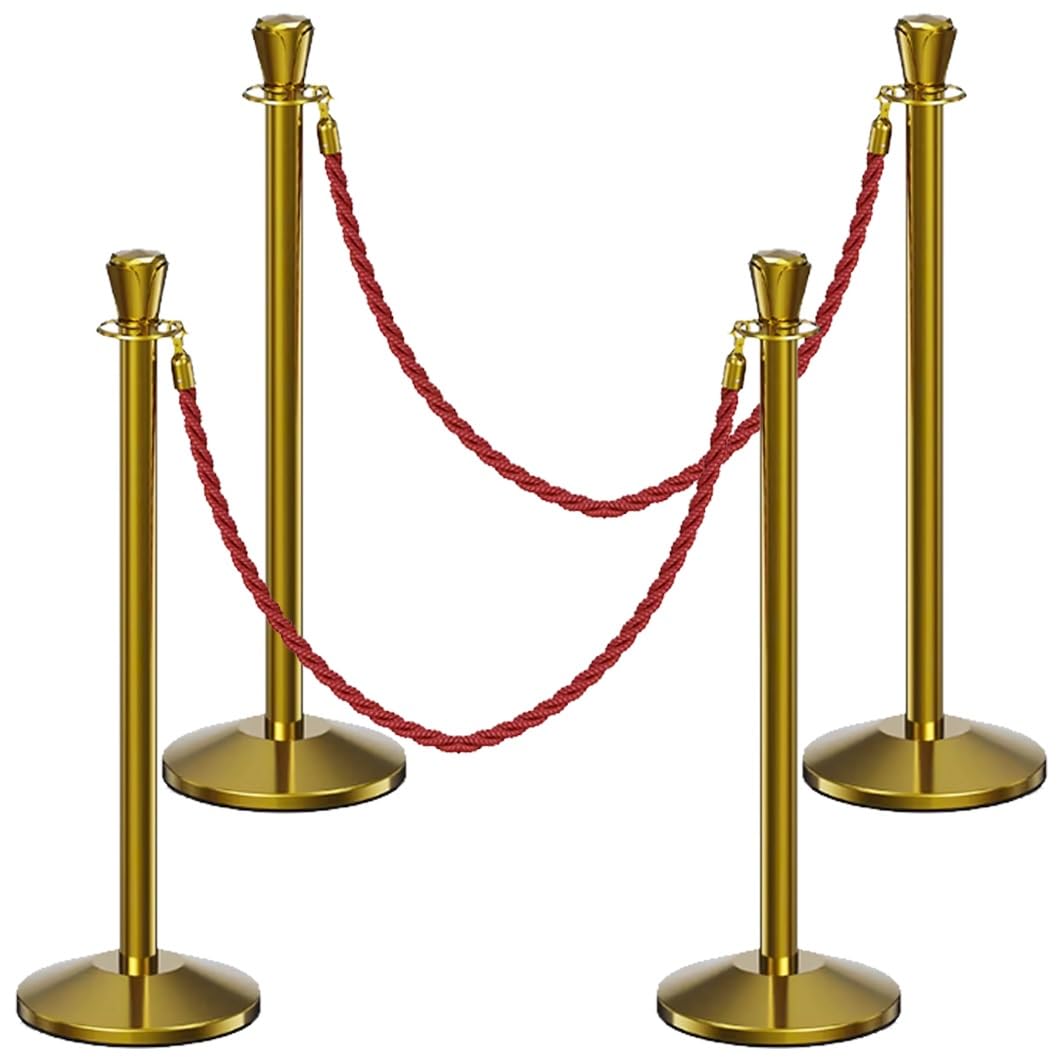 Aioneer Stainless Steel Stanchion Post Set 39.3" Crowd Control Barriers With 4.9Ft Ropes Durable Queue Poles For Events Commercial Grade Stanchions-Gold-4 Pack