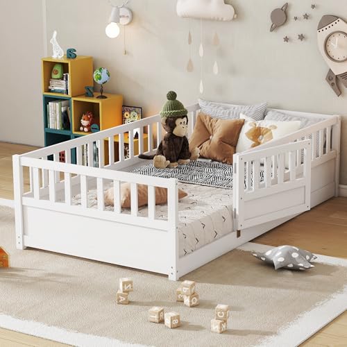 Image of Bellemave Twin Size Kids Montessori Floor Bed,Solid Wood Floor Bed Frame with High Fence and Lockable Door for Kids,Girls,Boys,Twin,White