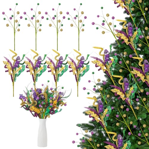 Daifunli 12 Pcs Mardi Gras Picks Decoration 14 Inch Purple Green Gold Mardi Gras Floral Picks and Sprays Artificial Twig Carnival Table Centerpiece for Tree Topper Arrangement Wreath Party Ornament