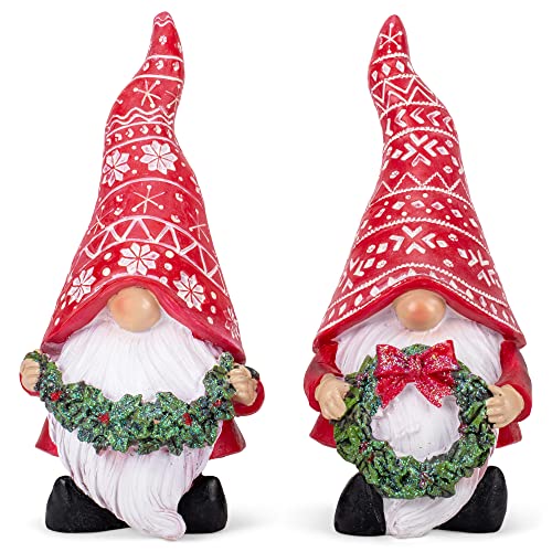 Transpac Nordic Gnome Bright Red and Green 8.75 Inch Resin Christmas Figurine Set of 2
