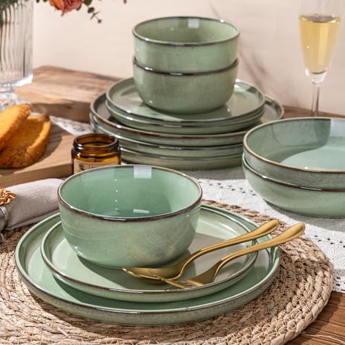 Image of GBHOME 24 Pieces Double Bowls Dinnerware Sets for 6, Stoneware Plates and Bowls Set with Reactive Glaze, Scratch Resistant Stoneware Dishes Set, Dishwasher & Microwave Safe