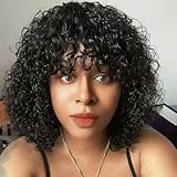 LYOLKSER glueless human hair wig short water wave wig with bangs 100 percent brazilian virgin human hair no lace front wigs for women wet and wavy human hair wig 12 inch natural black color