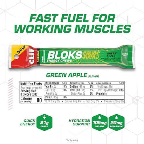 Image of Clif Bloks Sours - Green Apple Flavor - Energy Chews - Non-GMO - Plant Based - Fast Fuel for Cycling and Running - Quick Carbohydrates and Electrolytes - 2.12 oz. (18 Count)