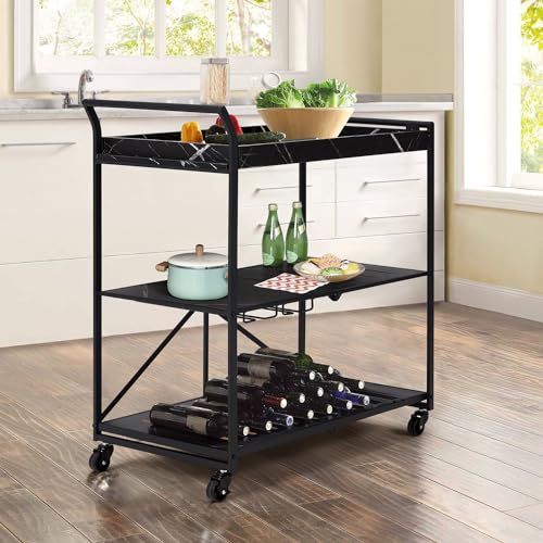 MELLCOM Folding Bar Cart Kitchen Serving Cart on Lockable Wheels 3-Tier Rolling Utility Cart with...