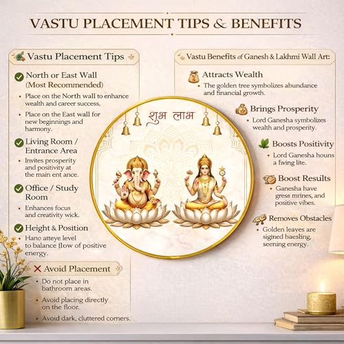 Image of Lakshmi Ganesha Round Wall Art Painting With Frame For Living Room| Shubh Labh Vastu Decor Framed Painting| Round Spiritual Wall Hanging for Home, Pooja Room & Gifting, 12 Inch