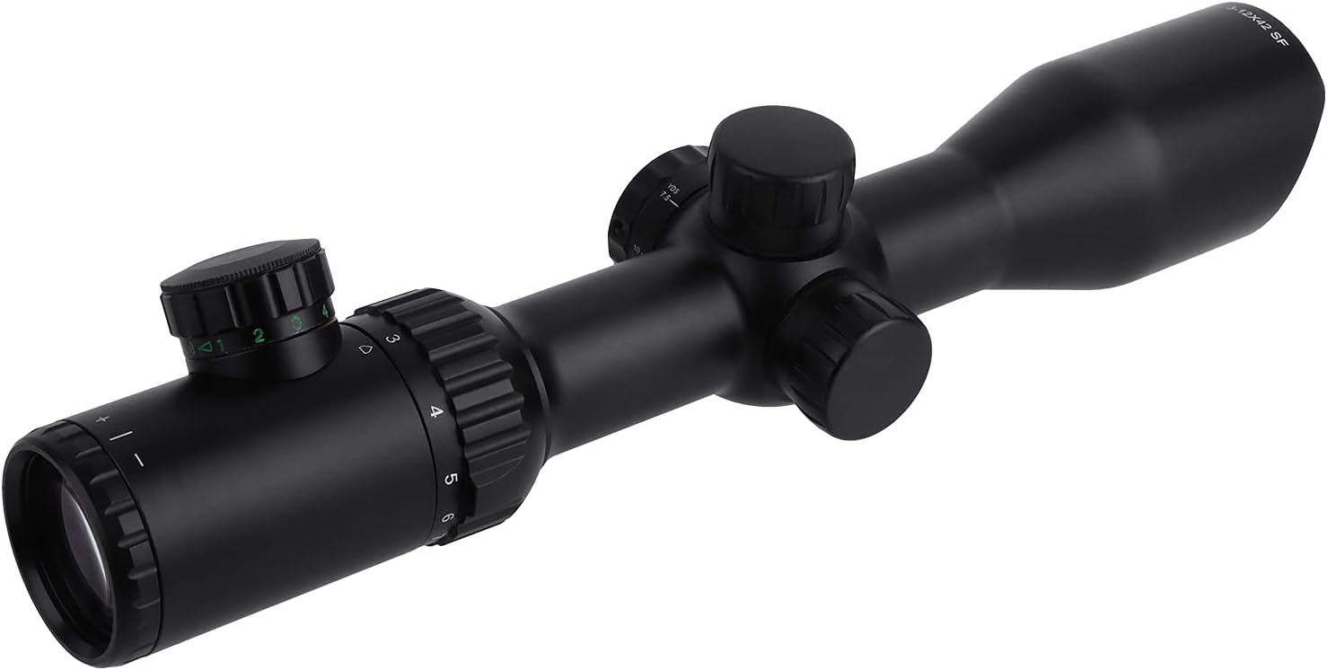 3-12x42 Tactical Scope, Red & Green Illuminated Reticle Scope, 1/4MOA Windage & Elevation Adjustable Optical Rangefinder, Multi-Coated Lens with Picatinny Dovetail Rings