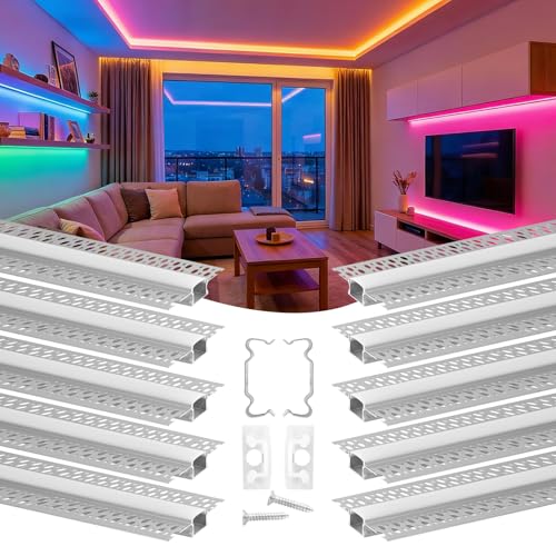 VEVOR Profilé Aluminium LED Encastrable 2 m Lot de 10 Canal LED pour Plaque de Plâtre Éclairage Murs Plafonds, avec Diffuseur Blanc Laiteux, Embouts et Clips de Fixation, Aluminium Anodisé Argent