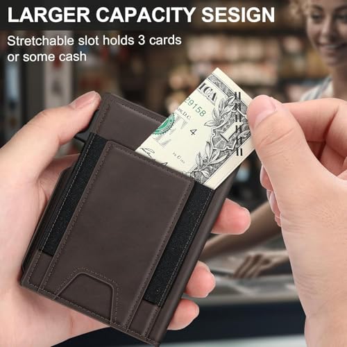 Image of VOGARD Smart Pop-Up Leather Wallet for Men & Women | RFID Blocking Card Holder with Money Clip | Slim Magnetic Bifold Wallet with Quick Access Button - Holds 14 Cards & Cash (Coffee)