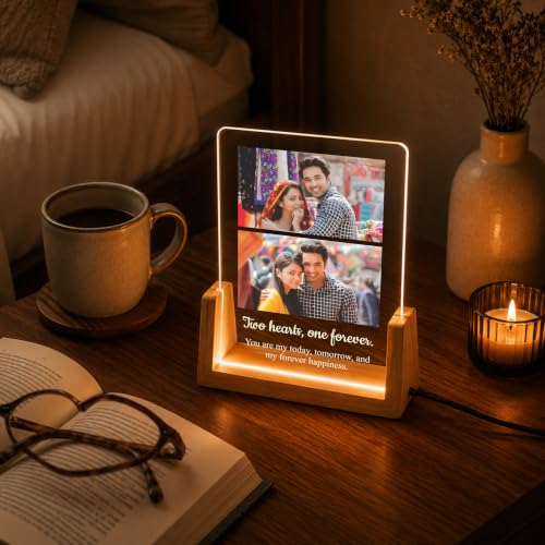 Image of Giftplease Personalized LED Acrylic Photo Frame with Custom Photos & Text | Engraved Acrylic Picture Lamp | Wooden LED Base | USB Night Light | Anniversary Wedding Birthday Couple Family Home Decor