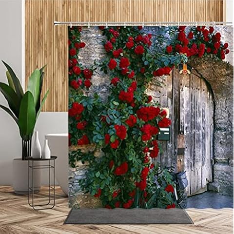 YUAOEUR 3D Image Rural Vintage Stone Wall Rustic Wooden Door Flowers and Leaves Garden Curtain Barn Door Outdoor Shower Curtain Countrylife Bathroom Decor with Hook 71X 71 inch Green Red Cover